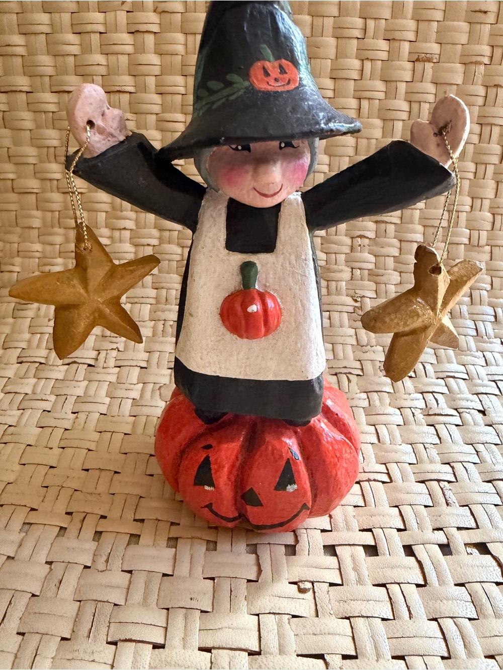Halloween Witch Pumpkin Figurine - Wooden Carved Art Work